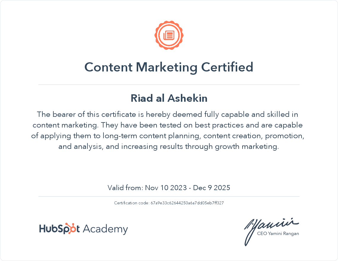 Content Marketing Certified by Hubspot Academy