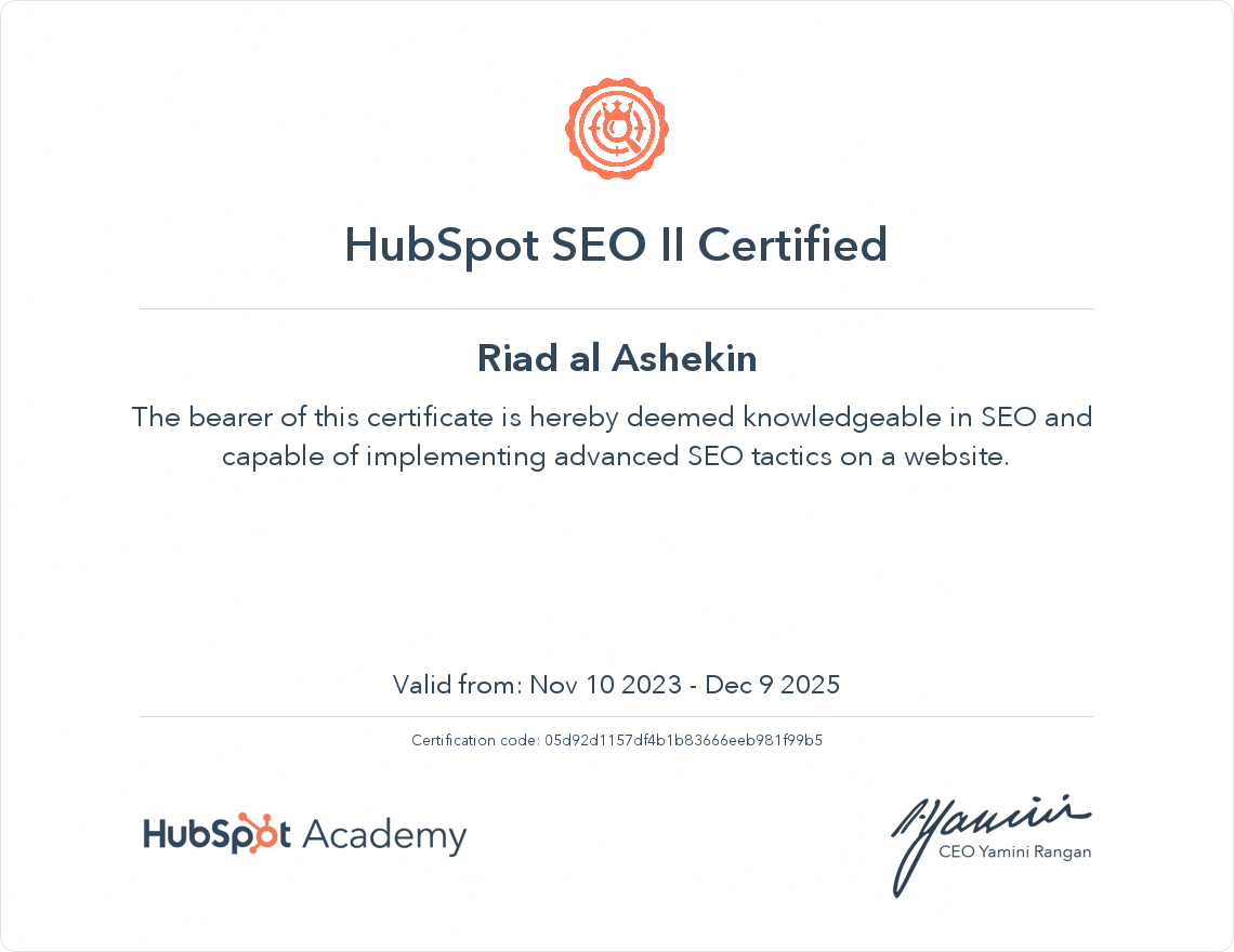 HubSpot SEO Certified by Hubspot Academy