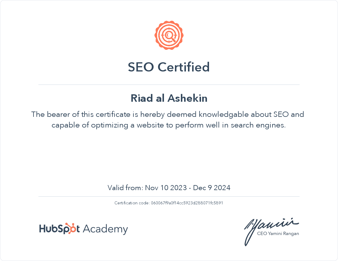 SEO Certified by Hubspot Academy